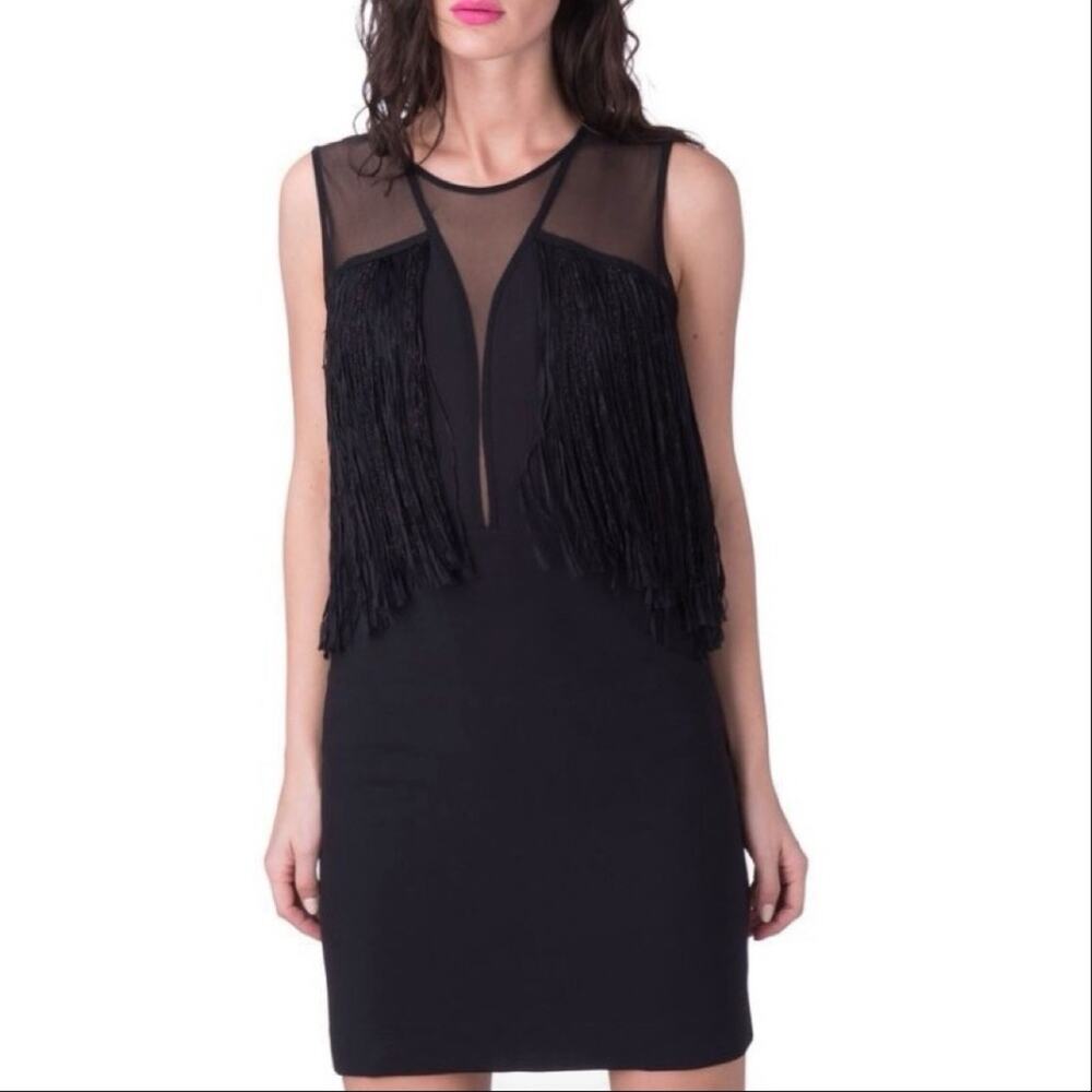 Sandro Paris | Women’s Black Deep V-Neck Mesh & Tassels Fringe Sleeveless Dress